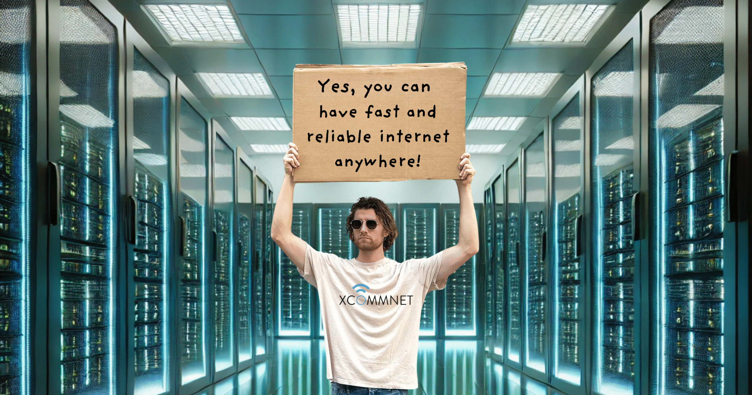 Man holding a sign in a completely functional business with incredible speed